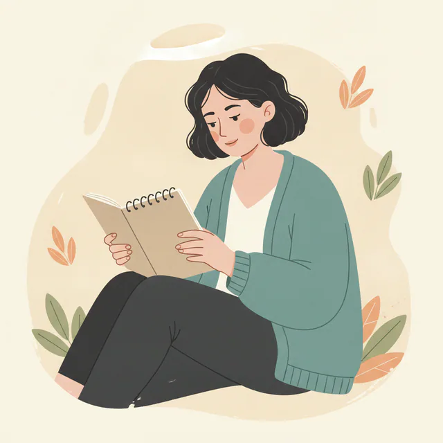 Vera — a calm woman with short dark hair in a teal cardigan holding an open notebook